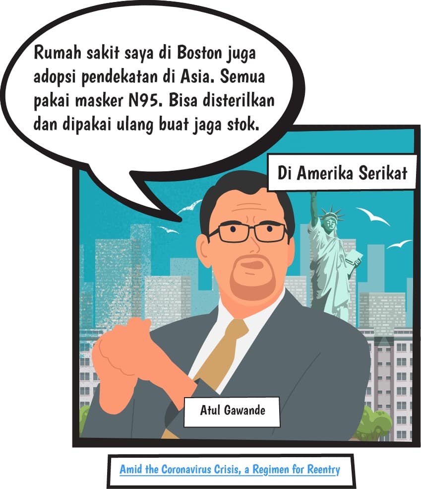 Di Amerika Serikat Atul Gawande: Rumah sakit saya di Boston juga adopsi pendekatan di Asia. Semua pakai masker N95. Bisa disterilkan dan dipakai ulang buat jaga stok.
